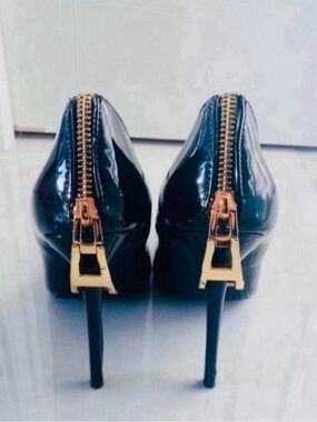 Black Patent Stiletto Heels with Gold Back Zipper